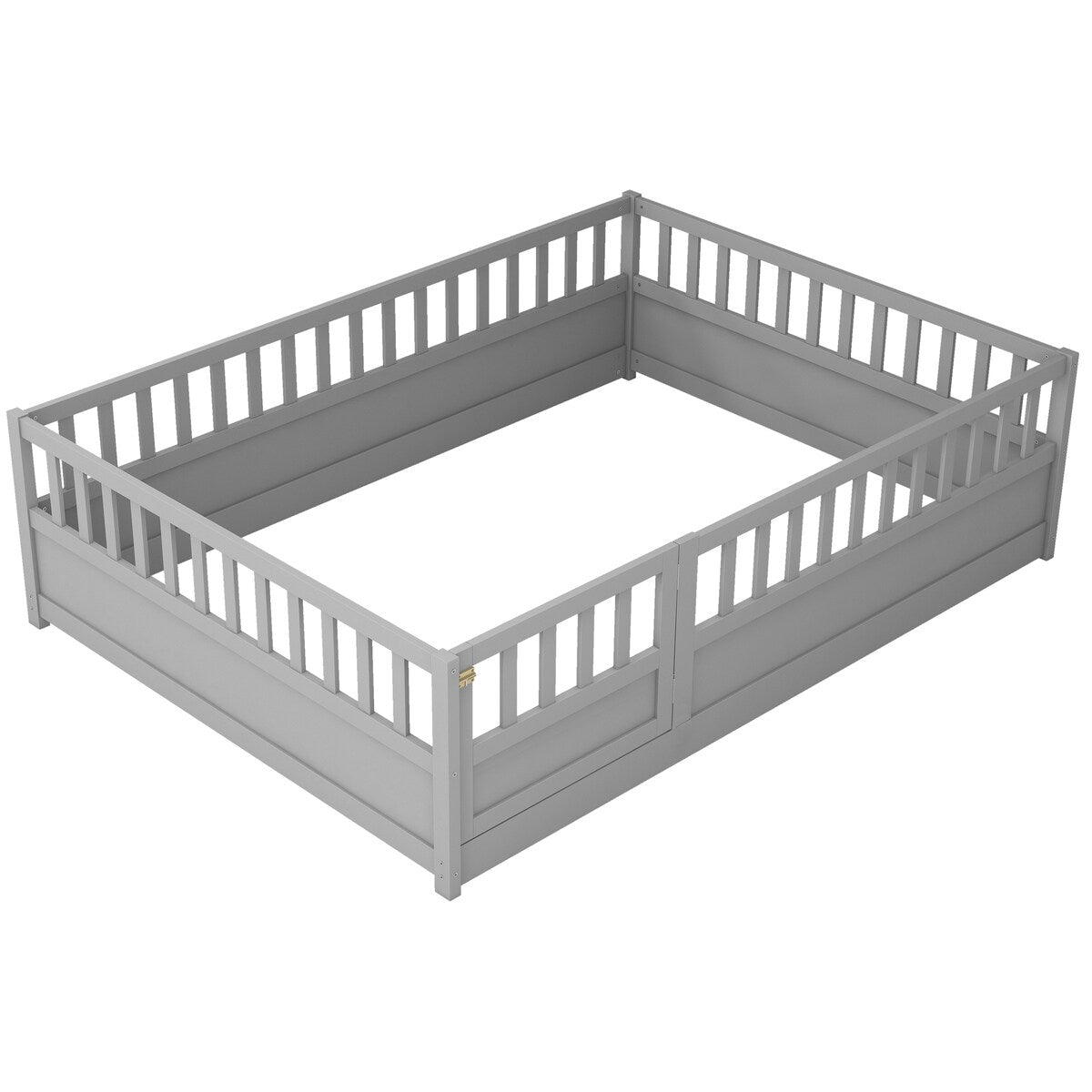Grey Full Size Montessori Floor Bed with High Security Barrier and Door
