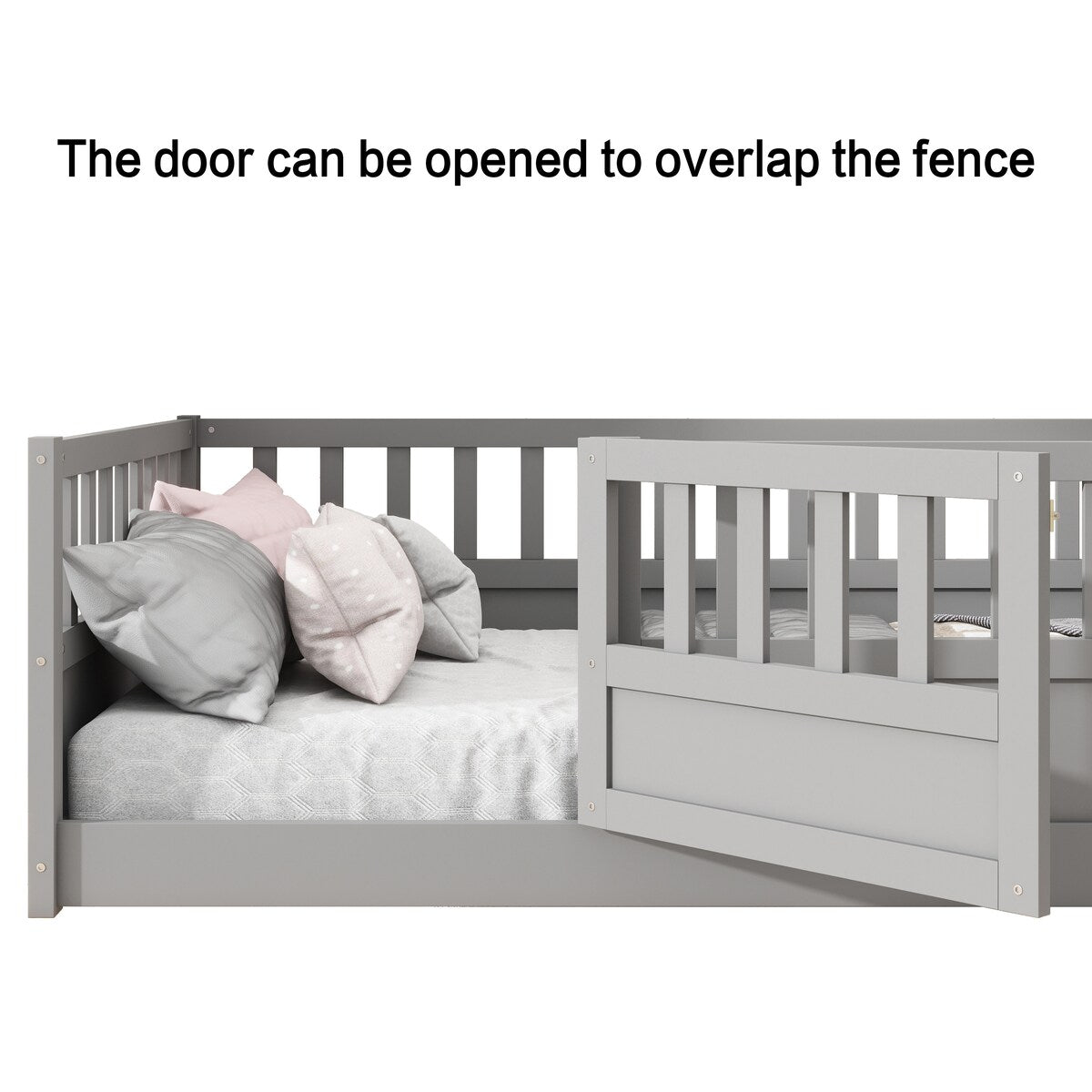 Grey Full Size Montessori Floor Bed with High Security Barrier and Door