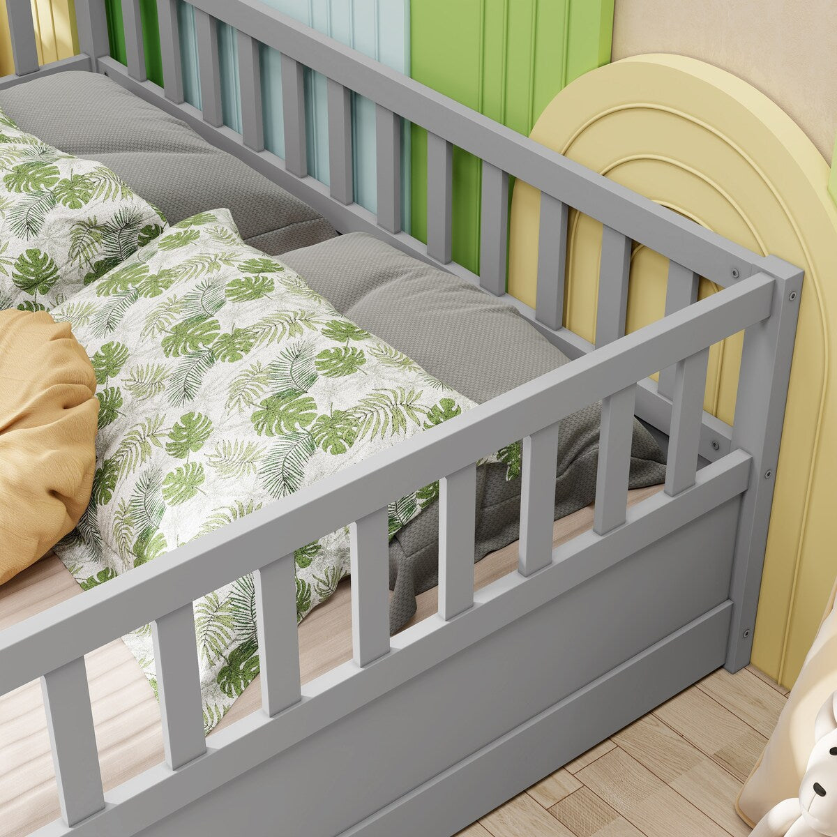 Grey Full Size Montessori Floor Bed with High Security Barrier and Door