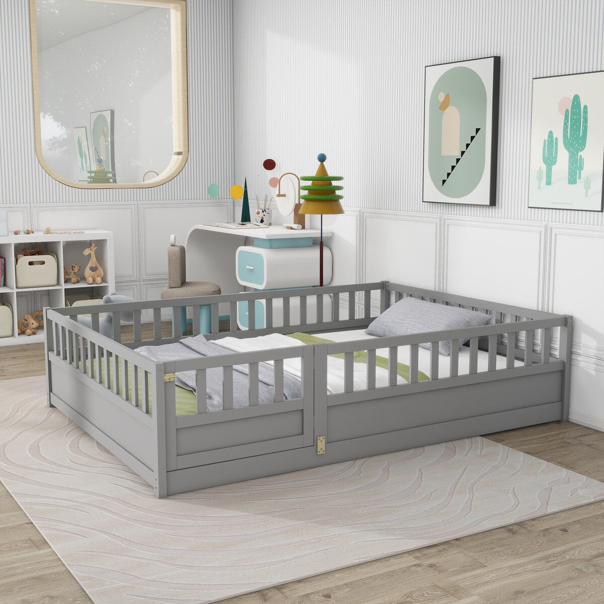 Grey Full Size Montessori Floor Bed with High Security Barrier and Door