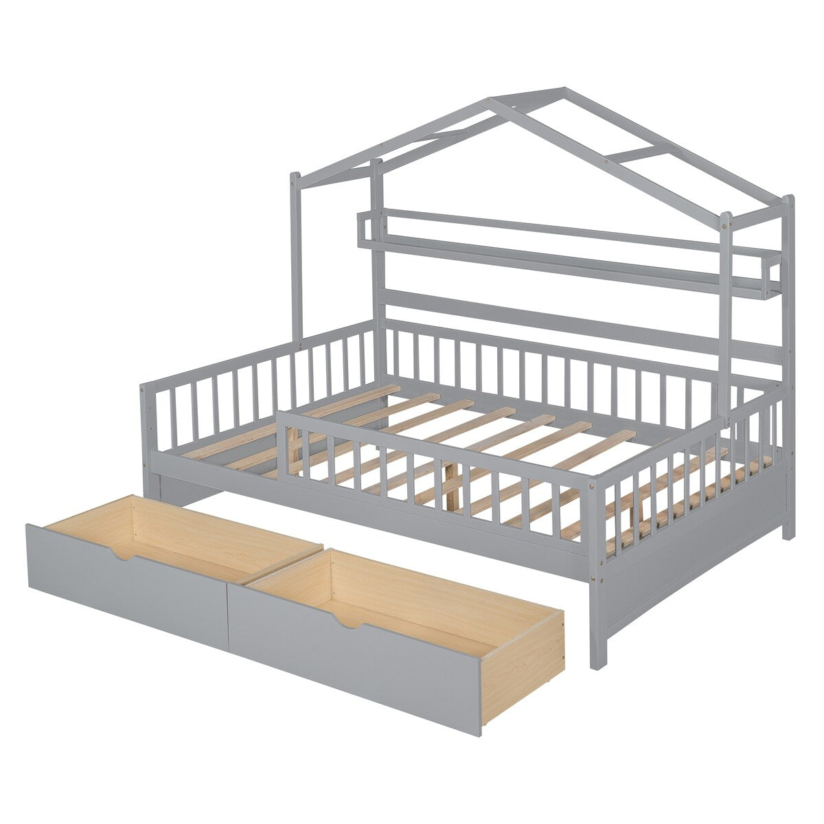 Grey Full Size Wooden Kids House Bed with 2 Drawers and Storage Shelf