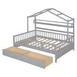 Grey Full Size Wooden Kids House Bed with 2 Drawers and Storage Shelf