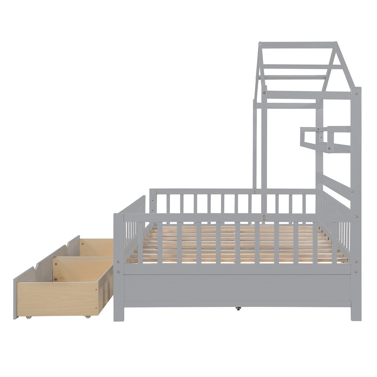 Grey Full Size Wooden Kids House Bed with 2 Drawers and Storage Shelf