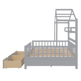 Grey Full Size Wooden Kids House Bed with 2 Drawers and Storage Shelf