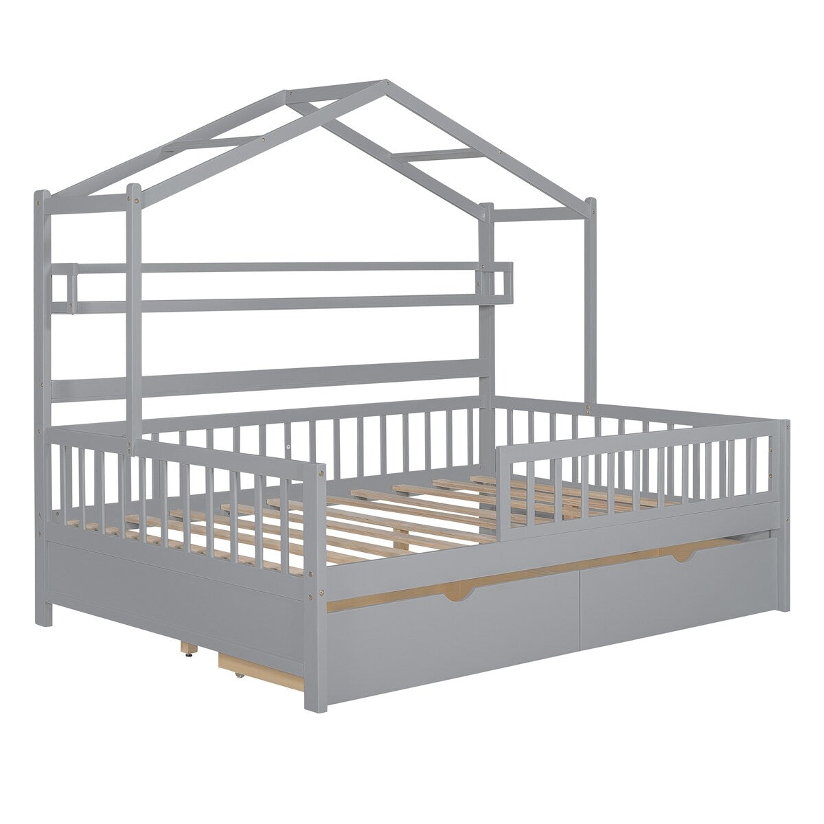 Grey Full Size Wooden Kids House Bed with 2 Drawers and Storage Shelf
