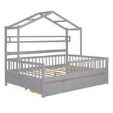 Grey Full Size Wooden Kids House Bed with 2 Drawers and Storage Shelf