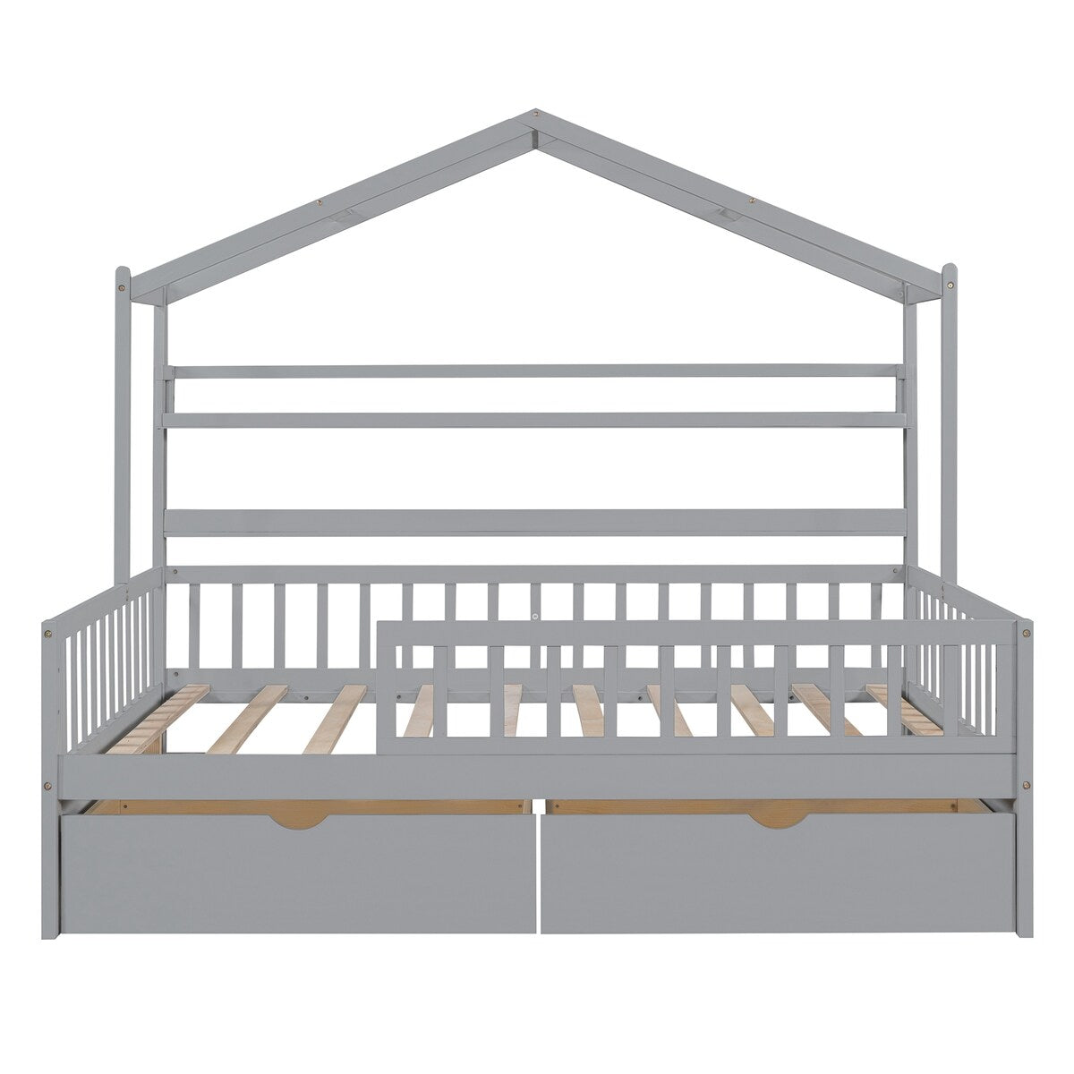 Grey Full Size Wooden Kids House Bed with 2 Drawers and Storage Shelf