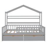 Grey Full Size Wooden Kids House Bed with 2 Drawers and Storage Shelf