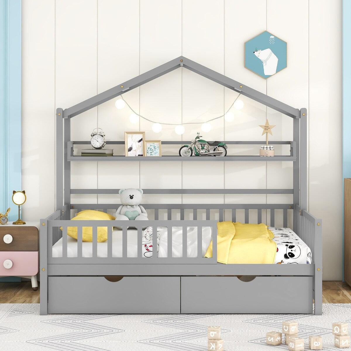 Grey Full Size Wooden Kids House Bed with 2 Drawers and Storage Shelf