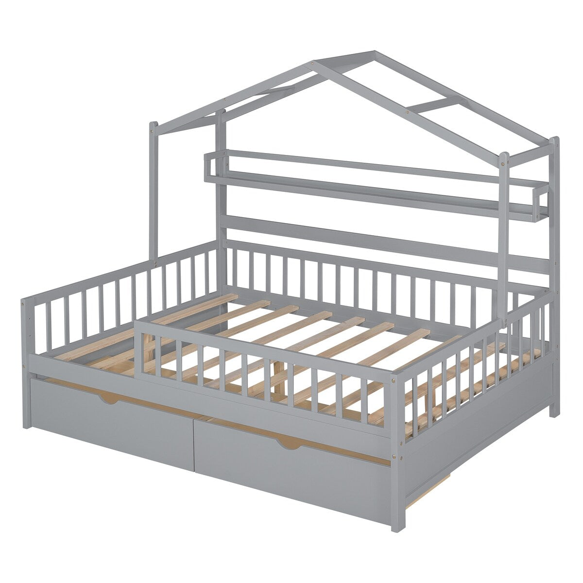 Grey Full Size Wooden Kids House Bed with 2 Drawers and Storage Shelf