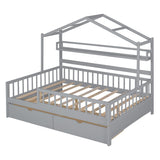 Grey Full Size Wooden Kids House Bed with 2 Drawers and Storage Shelf