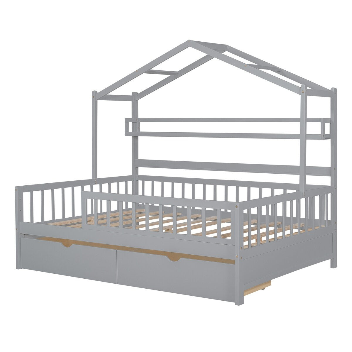Grey Full Size Wooden Kids House Bed with 2 Drawers and Storage Shelf