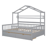Grey Full Size Wooden Kids House Bed with 2 Drawers and Storage Shelf