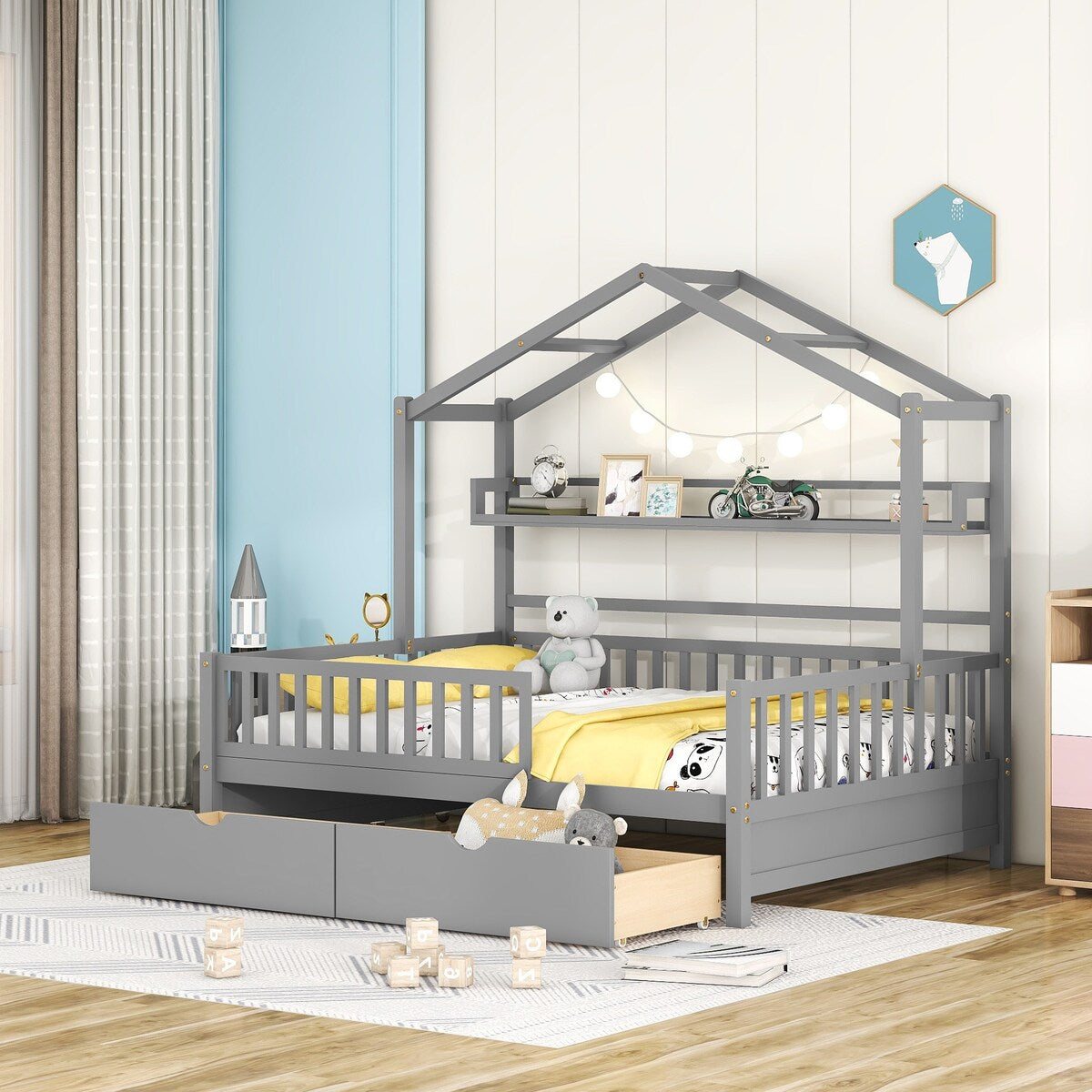 Grey Full Size Wooden Kids House Bed with 2 Drawers and Storage Shelf