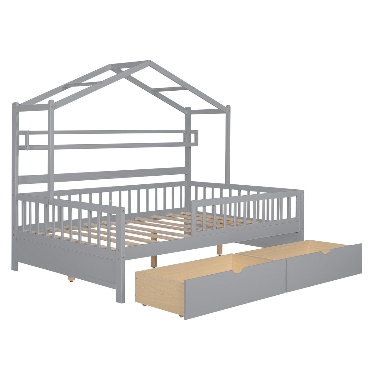 Grey Full Size Wooden Kids House Bed with 2 Drawers and Storage Shelf