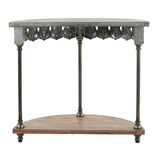 Grey Iron Top Wood Shelf Vintage Farmhouse Half Moon Console Table