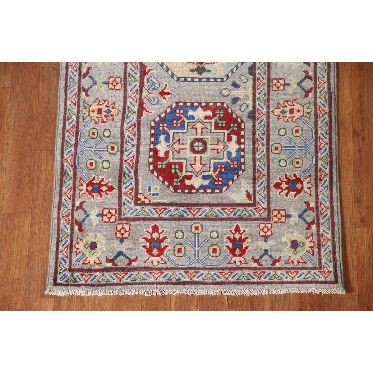 Grey Kazak Runner Rug Handmade Geometric Wool Carpet - 2'9" x 13'5"