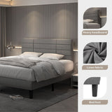 Grey Queen Size Bed Frame with Upholstered Headboard and Wooden Slats Support