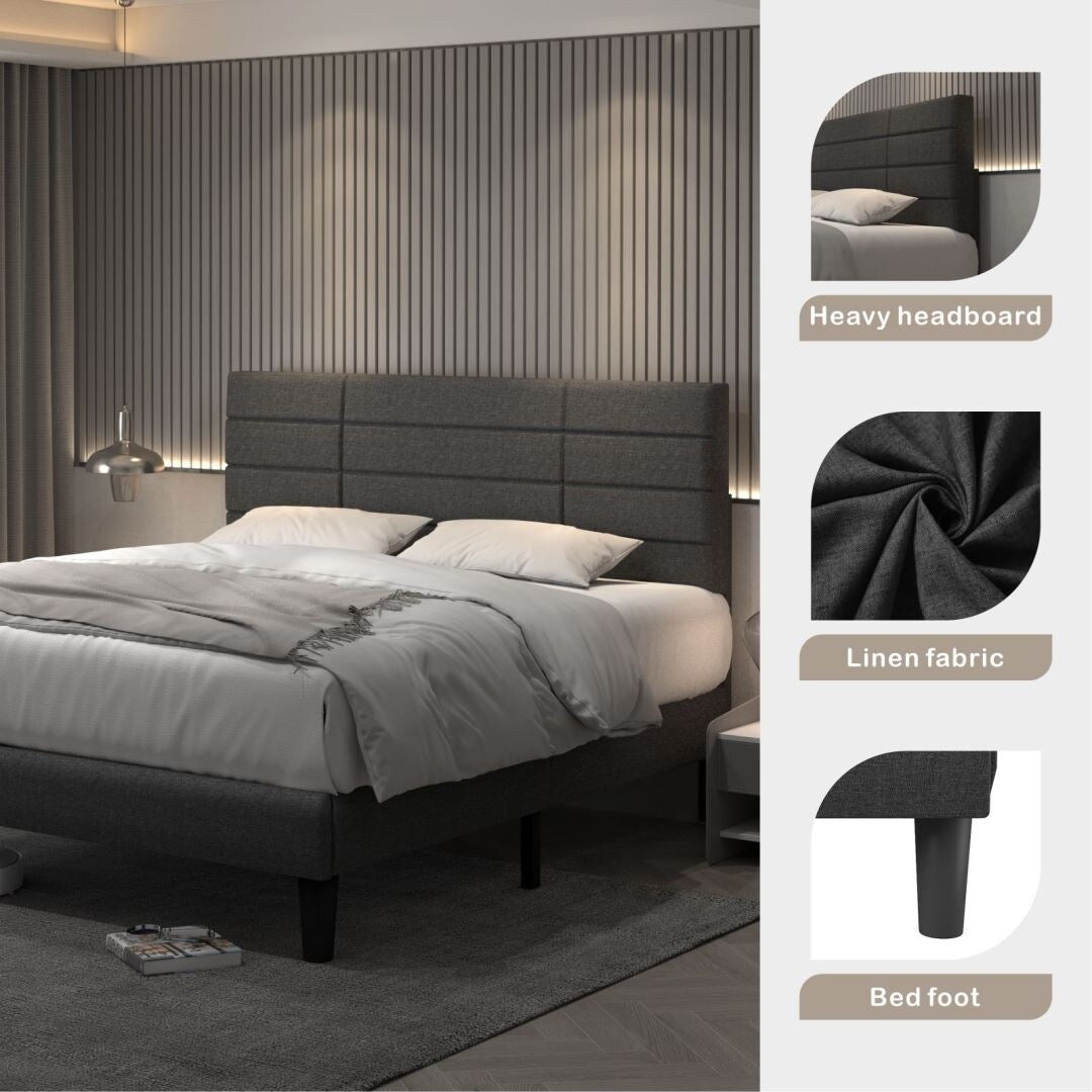 Grey Queen Size Bed Frame with Upholstered Headboard and Wooden Slats Support