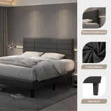 Grey Queen Size Bed Frame with Upholstered Headboard and Wooden Slats Support