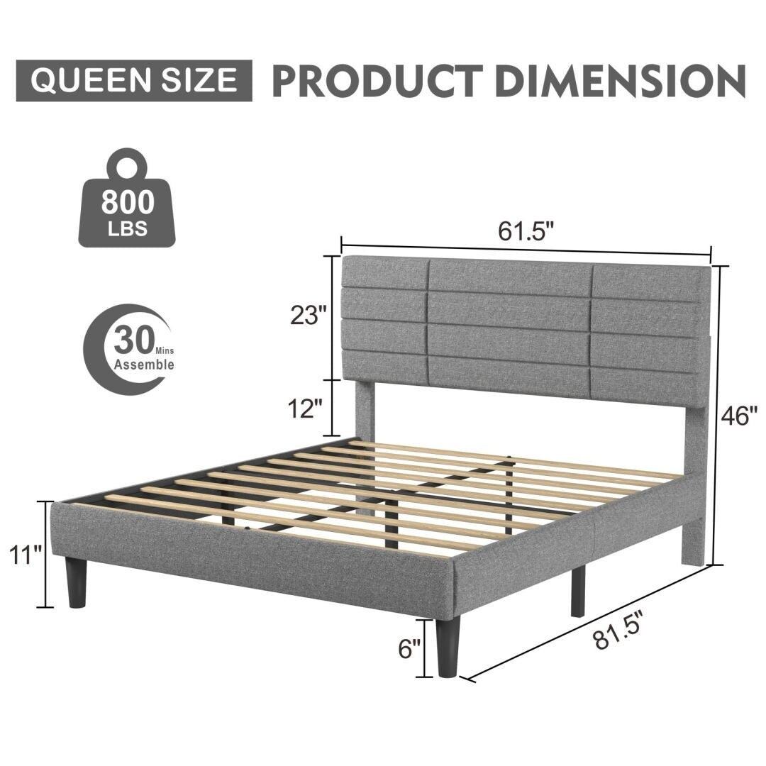 Grey Queen Size Bed Frame with Upholstered Headboard and Wooden Slats Support