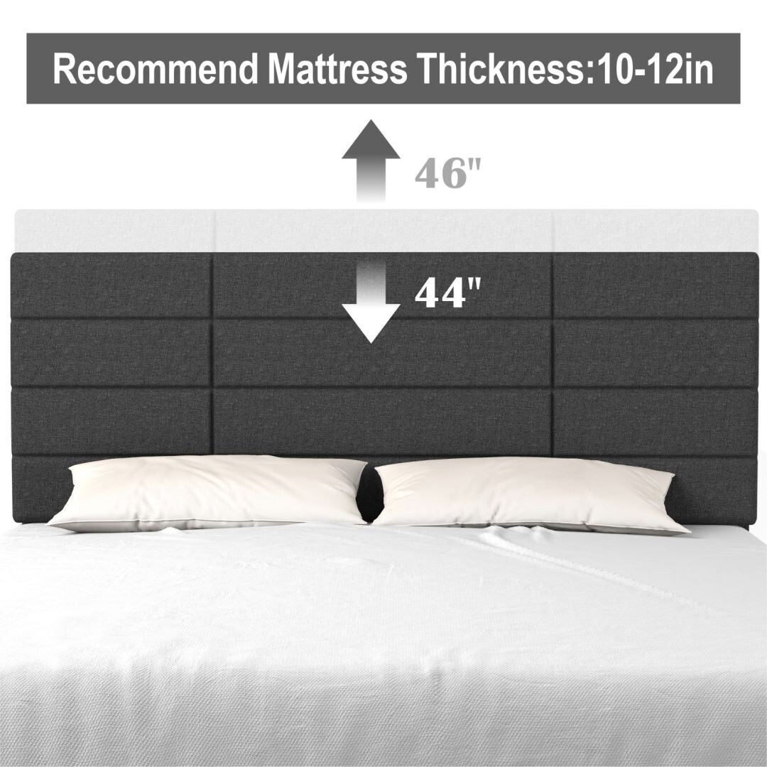Grey Queen Size Bed Frame with Upholstered Headboard and Wooden Slats Support