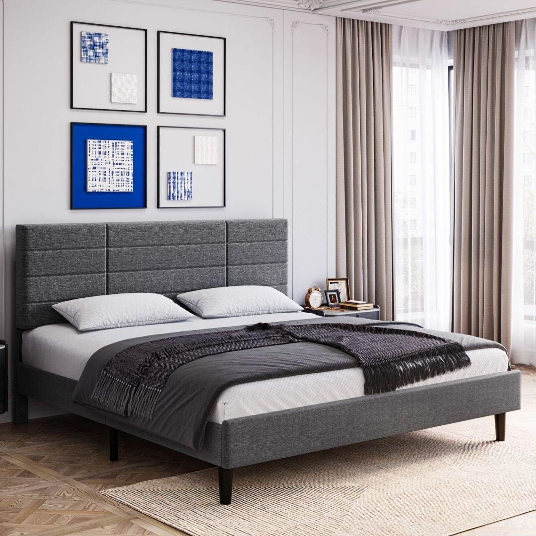 Grey Queen Size Bed Frame with Upholstered Headboard and Wooden Slats Support
