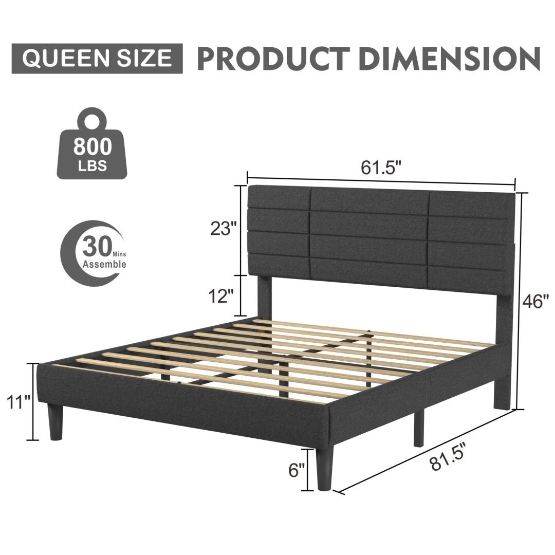 Grey Queen Size Bed Frame with Upholstered Headboard and Wooden Slats Support
