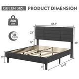 Grey Queen Size Bed Frame with Upholstered Headboard and Wooden Slats Support