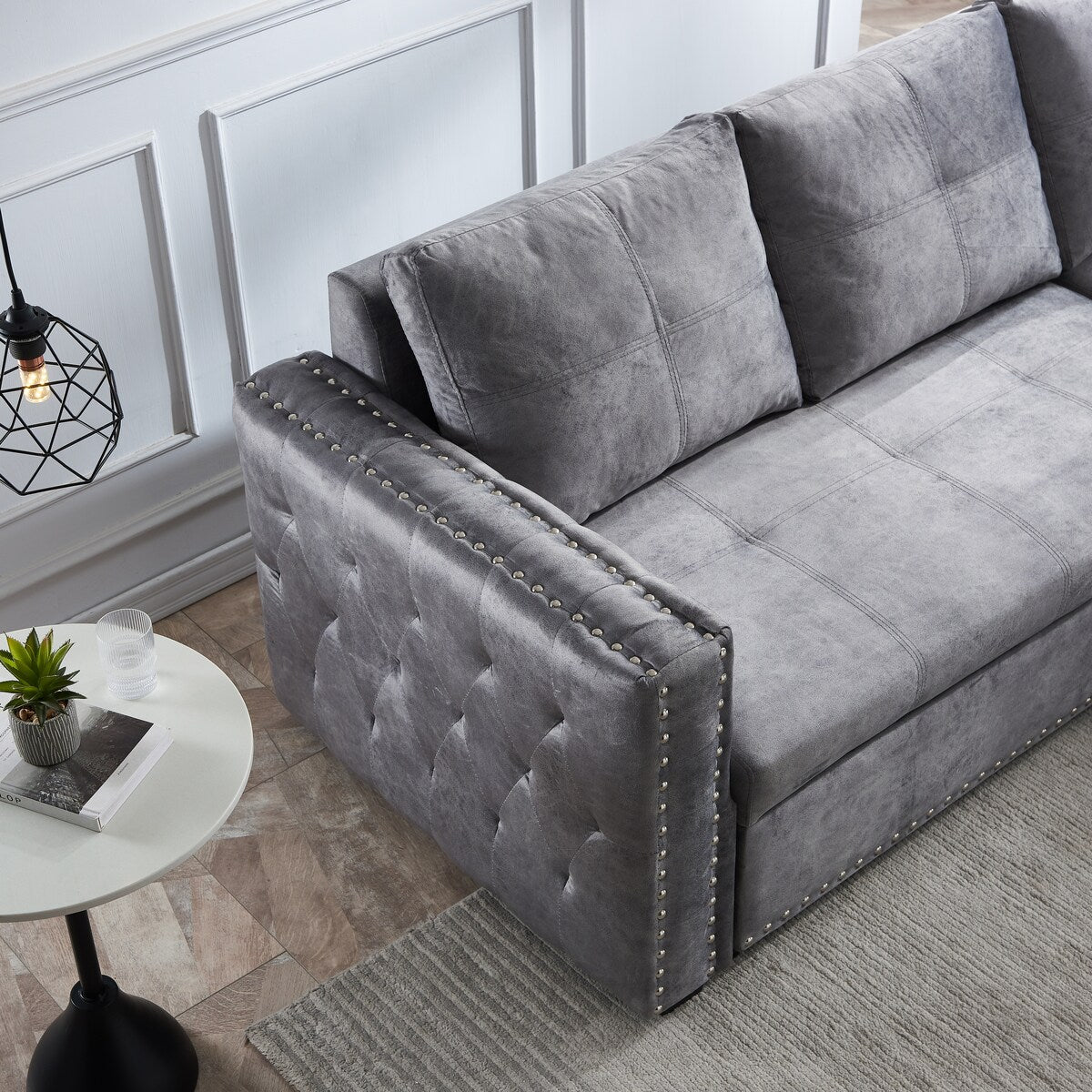 Grey Sectional Sofa with Pulled Out Bed, 2 Seats Sofa and Reversible Chaise with Storage, Both Hands with Copper Nail