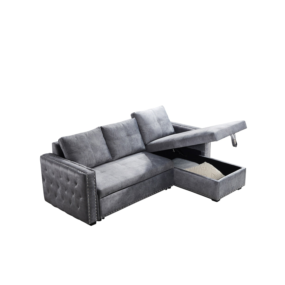Grey Sectional Sofa with Pulled Out Bed, 2 Seats Sofa and Reversible Chaise with Storage, Both Hands with Copper Nail