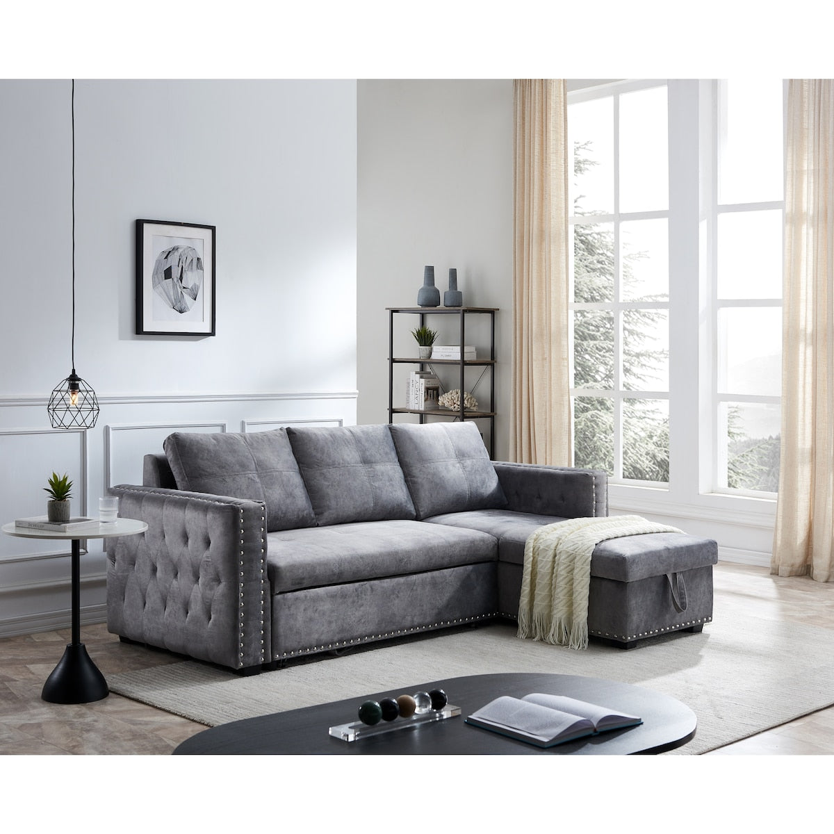 Grey Sectional Sofa with Pulled Out Bed, 2 Seats Sofa and Reversible Chaise with Storage, Both Hands with Copper Nail