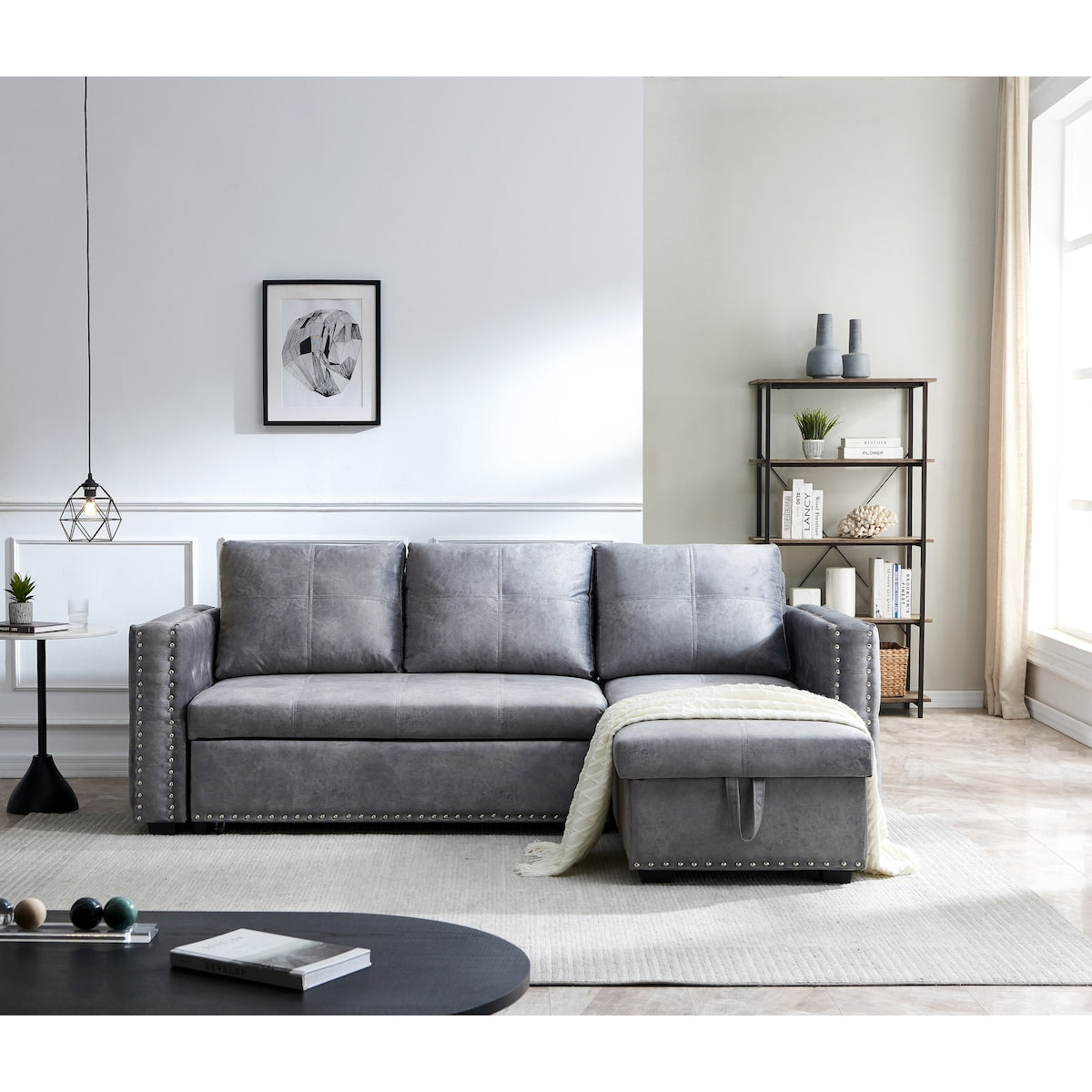 Grey Sectional Sofa with Pulled Out Bed, 2 Seats Sofa and Reversible Chaise with Storage, Both Hands with Copper Nail