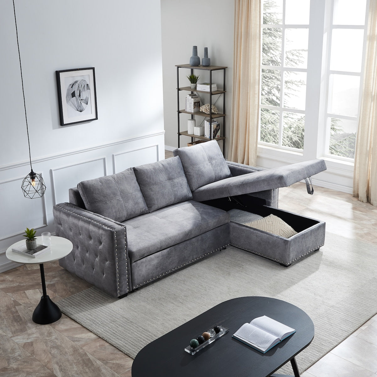 Grey Sectional Sofa with Pulled Out Bed, 2 Seats Sofa and Reversible Chaise with Storage, Both Hands with Copper Nail