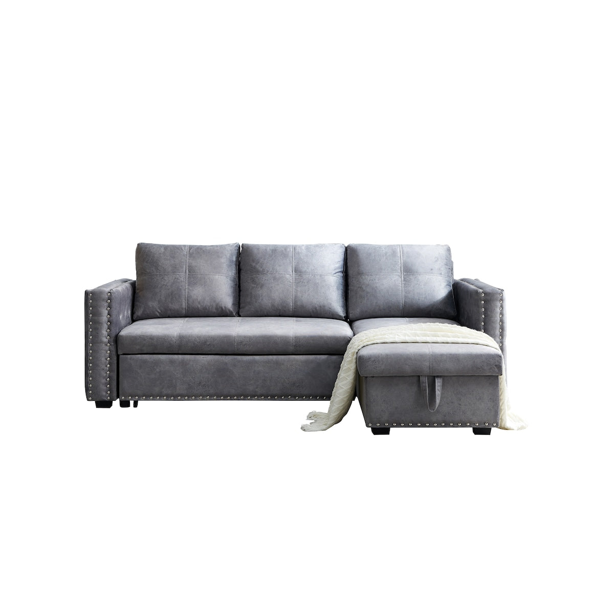 Grey Sectional Sofa with Pulled Out Bed, 2 Seats Sofa and Reversible Chaise with Storage, Both Hands with Copper Nail
