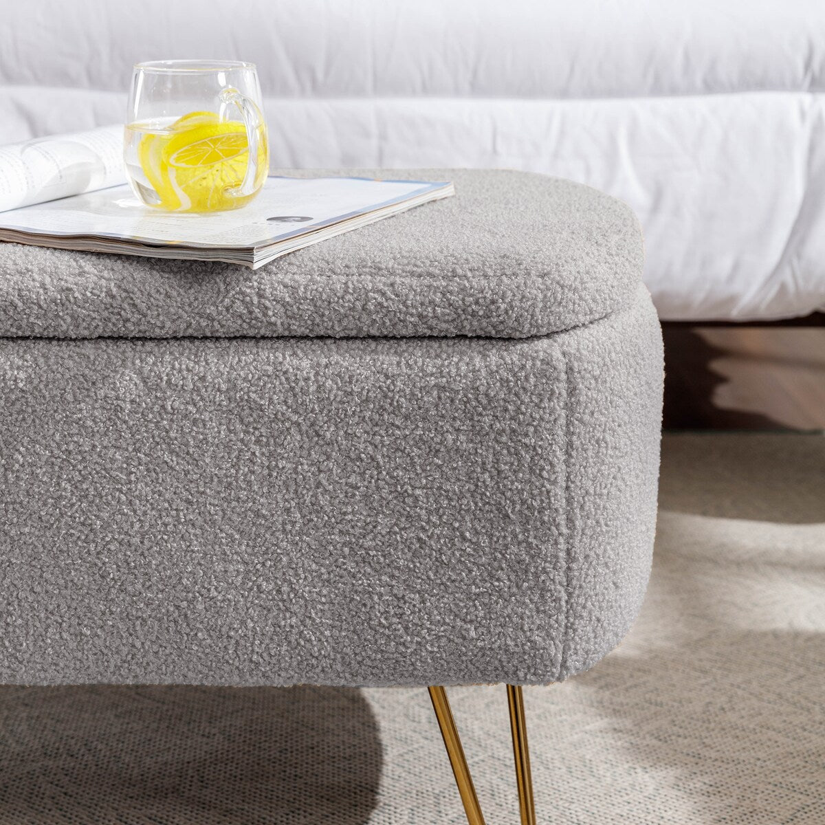 Grey Storage Ottoman Bench for End of Bed Gold Legs, Modern Grey Faux Fur Entryway Bench Upholstered Padded with Storage