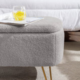 Grey Storage Ottoman Bench for End of Bed Gold Legs, Modern Grey Faux Fur Entryway Bench Upholstered Padded with Storage