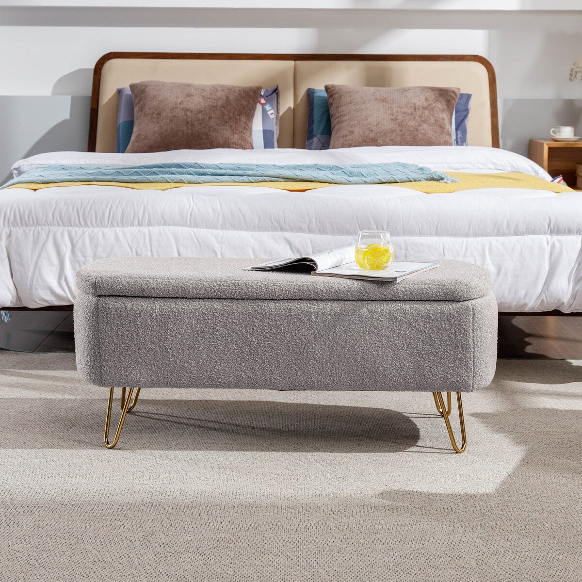 Grey Storage Ottoman Bench for End of Bed Gold Legs, Modern Grey Faux Fur Entryway Bench Upholstered Padded with Storage