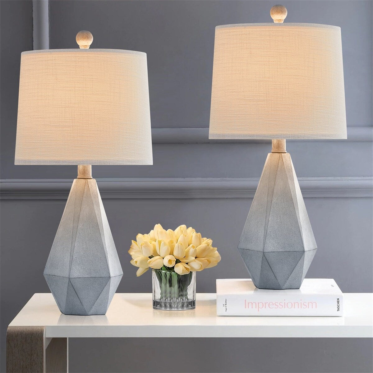 Grey Table Lamp Sets of 2 With White Fabric Shade