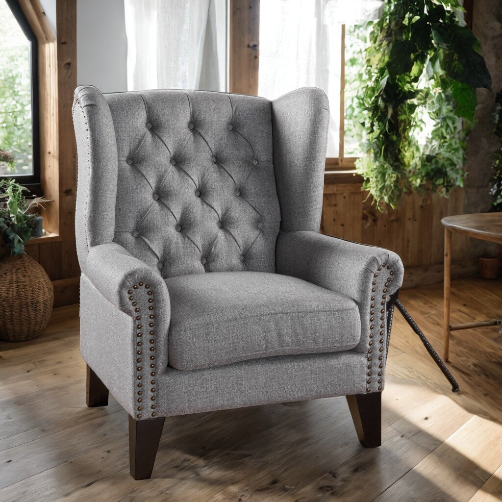 Grey Tufted Accent Chair with Decorative Trim