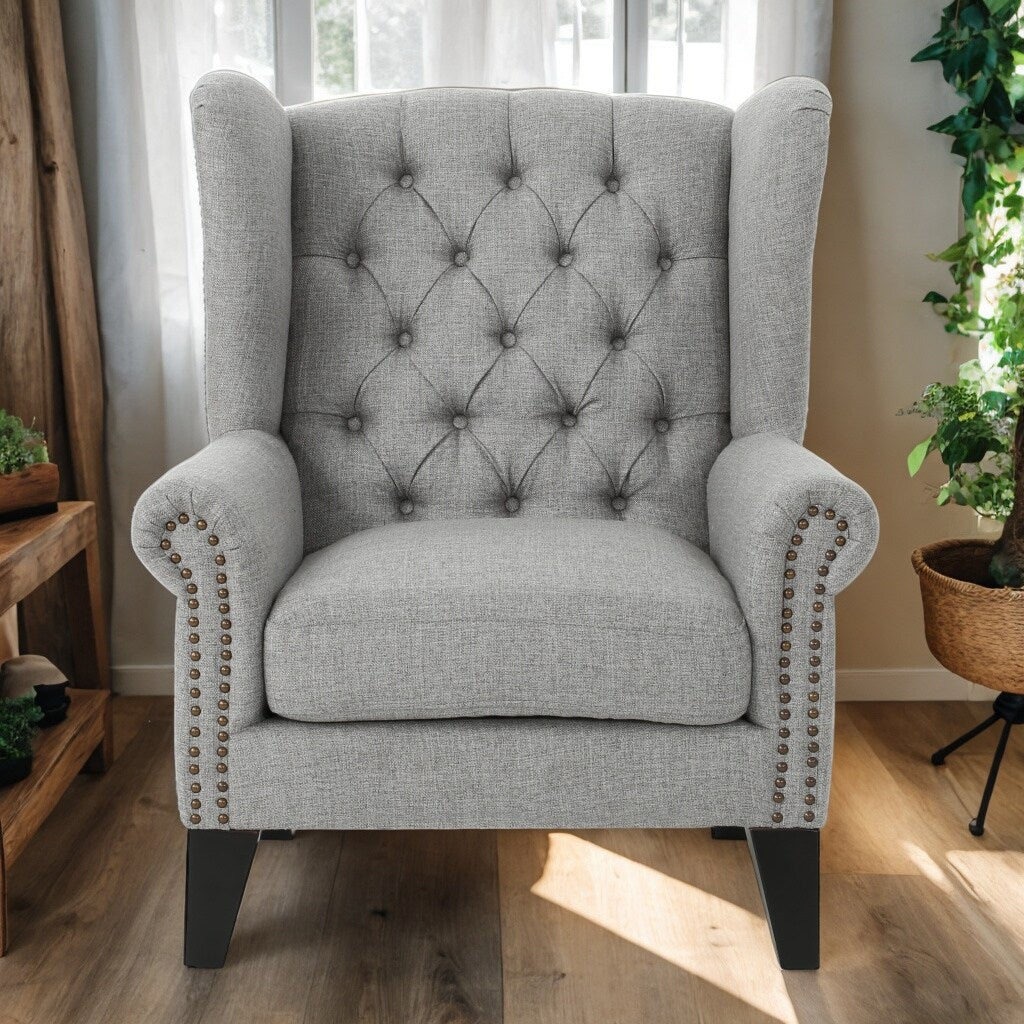 Grey Tufted Accent Chair with Decorative Trim