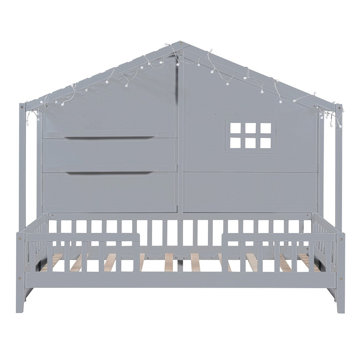 Grey Twin House Bed with Shelves, Window, Light Strip, Easy Assembly