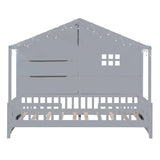 Grey Twin House Bed with Shelves, Window, Light Strip, Easy Assembly