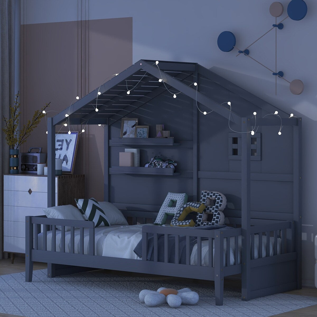 Grey Twin House Bed with Shelves, Window, Light Strip, Easy Assembly