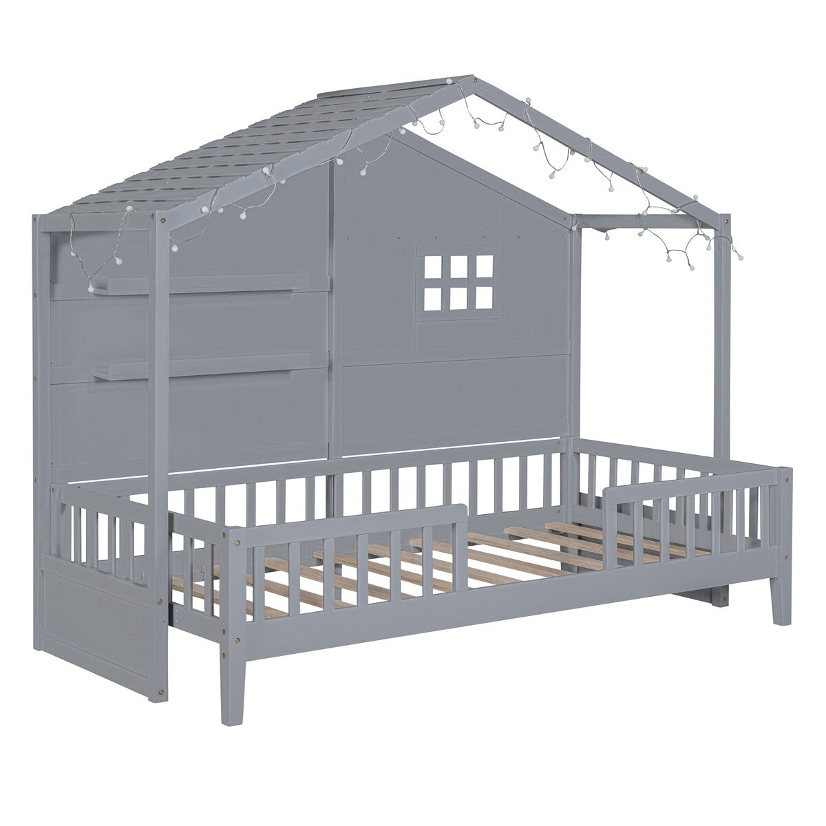 Grey Twin House Bed with Shelves, Window, Light Strip, Easy Assembly