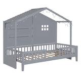 Grey Twin House Bed with Shelves, Window, Light Strip, Easy Assembly