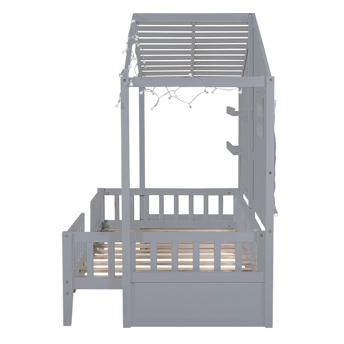 Grey Twin House Bed with Shelves, Window, Light Strip, Easy Assembly