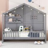 Grey Twin House Bed with Shelves, Window, Light Strip, Easy Assembly
