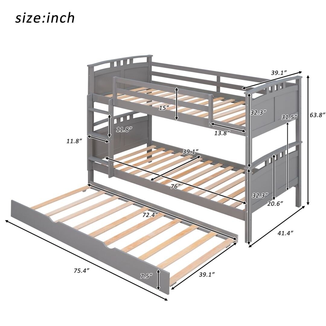 Grey Twin-Over-Twin Bunk Bed with Twin size Trundle