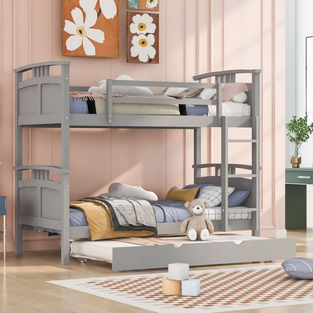 Grey Twin-Over-Twin Bunk Bed with Twin size Trundle